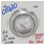 2020 1/2oz .999 Silver Canada $2 Red Tail Hawk
