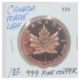 1oz .999 Copper Canada Maple Leaf Round