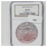 NGC 2003 MS69 1oz .999 Silver Eagle $1 Dollar