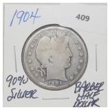 1904 90% Silver Barber Half $1 Dollar