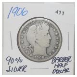 1906 90% Silver Barber Half $1 Dollar