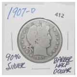 1907-D 90% Silver Barber Half $1 Dollar