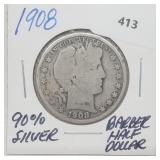 1908 90% Silver Barber Half $1 Dollar