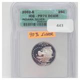 ICG 2002-S PR70DCAM 90% Silver Indiana Quarter