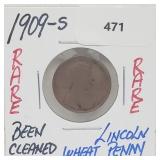 Rare 1909-S Lincoln Wheat Penny (Cleaned) One