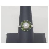 .925 Sterling Silver Pearl/Peridot Ring