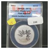 ANACS 2011 SP70 1/2oz  .999 Silver $10 Canada