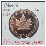 1oz .999 Copper Canada Maple Leaf