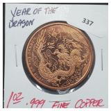 1oz .999 Copper Yr of the Dragon Round