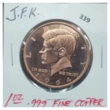 1oz .999 Copper JFK Round 1oz .999 Copper JFK Round