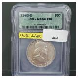 ICG 1953-D MS64 90% Silver Franklin Half $1