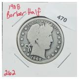 1908 90% Silver Barber Half $1 Dollar