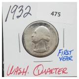 First Yr 1932 90% Silver Washington Quarter