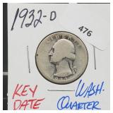 Key Date 1932-D 90% Silver Washington Quarter