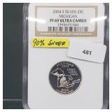 NGC 2004-S PF69 Ultra Cameo MI 90% Silv Quarter