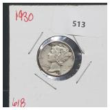 1930 90% Silver Mercury Dime 10 Cents 1930 90% Silver Mercury Dime 10 Cents