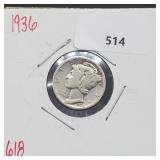 1936 90% Silver Mercury Dime 10 Cents 1936 90% Silver Mercury Dime 10 Cents