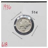 1936 90% Silver Mercury Dime 10 Cents