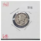 1941 90% Silver Mercury Dime 10 Cents 1941 90% Silver Mercury Dime 10 Cents