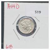 1944-D 90% Silver Mercury Dime 10 Cents 1944-D 90% Silver Mercury Dime 10 Cents
