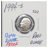 1994-S 90% Silver Proof Roos Dime 10 Cents