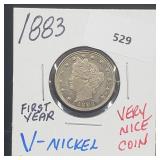 First Yr 1883 V Nickel 5 Cents