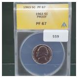 ANACS 1963 PF67 Proof Jeff Nickel 5 Cents