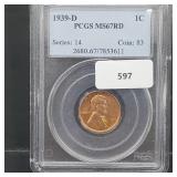 PCGS 1939-D MS67RD Wheat Penny One Cent