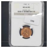 NGC 1945 MS66RD Wheat Penny One Cent NGC 1945 MS66RD Wheat Penny One Cent