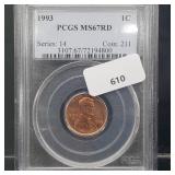 PCGS 1993 MS67RD Lincoln Penny One Cent PCGS 1993 MS67RD Lincoln Penny One Cent