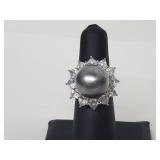 .925 Sterling Silver Faux Pearl Flower Ring