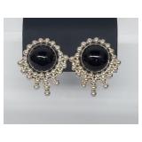 .925 Sterling Silver Onyx Signed Clip On Earrings