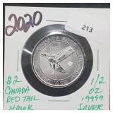 2020 1/2oz .999 Silver Canada $2 Red Tail Hawk