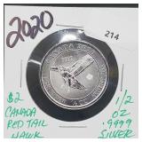 2020 1/2oz .999 Silver Canada $2 Red Tail Hawk