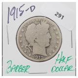 1915-D 90% Silver Barber Half $1 Dollar