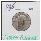 1925 90% Silver Liberty Quarter 25 Cents