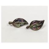 .925 Sterling Signed Abalone Leaf Screw back