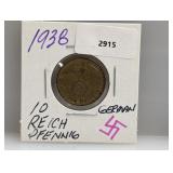 1938 German 10 Reich Pfennig
