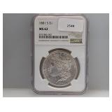 NGC 1881-S MS62 90% Silv Morgan $1