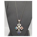 30" .925 Sterl Chain w/Multi Stone Cross Pendant