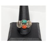 .925 Sterling Coral/Turquoise Ring Sz 11.5