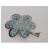 .925 Sterl Taxco Turquoise Chip Flower Brooch
