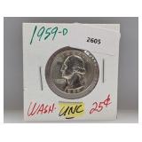 1959-D UNC 90% Silv Wash Quarter