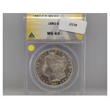 ANACS 1881-S MS63 90% Silv Morgan $1