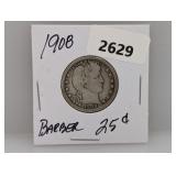 1908 90% Silv Barber Quarter