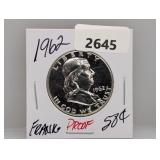 1962 90% Silv PF Franklin Half $1 Dollar