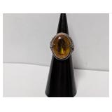 .925 Sterling Ornate Yellow Stone Ring Sz 4.5