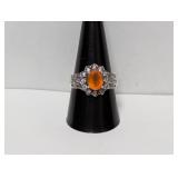 .925 Sterl Orange/Clear Stone Ring Sz 10