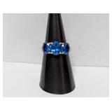 .925 Sterl Oval Blue Three Stone Ring Sz 7