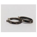 .925 Sterl Black Inlay/Marcasite Hoop Earrings